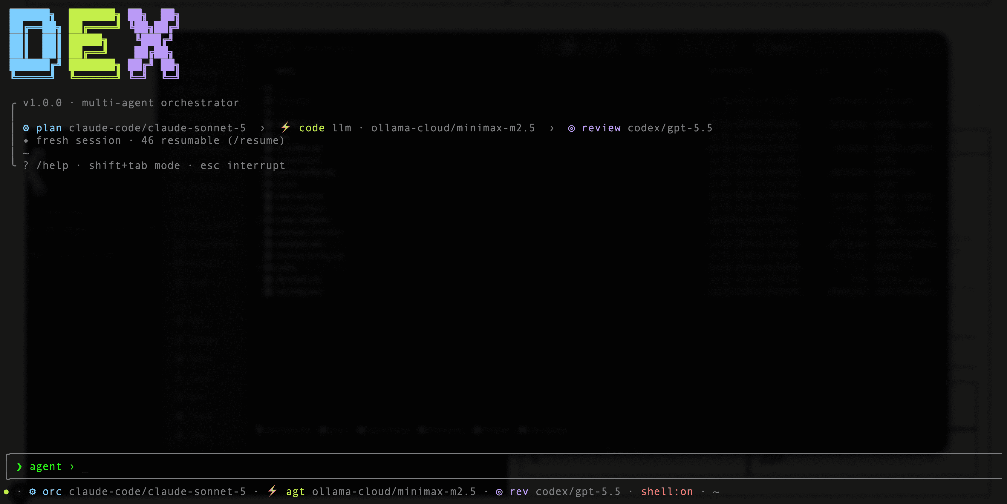 Dex REPL banner in a terminal, showing the ASCII DEX wordmark, orchestrator/executor/reviewer role assignments, and the agent-mode prompt